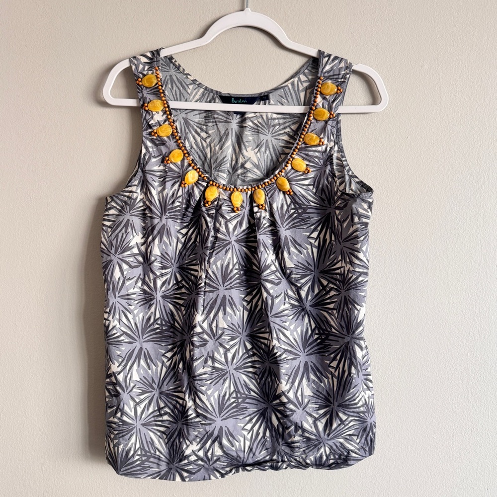 Boden Gray White Palm-Print Tank with Yellow Beaded Neckline